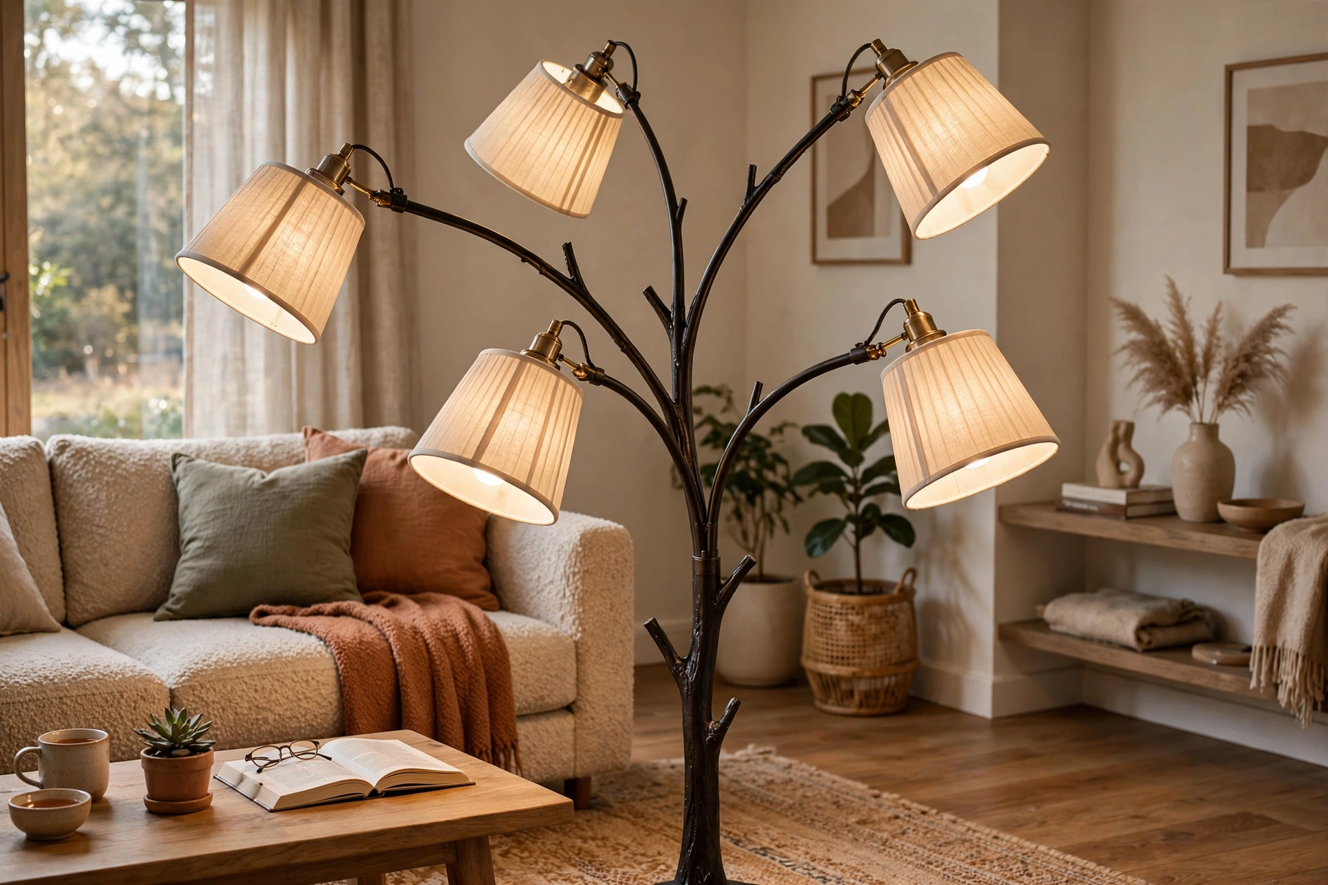 Multi-head tree floor lamp with adjustable shades in a living room