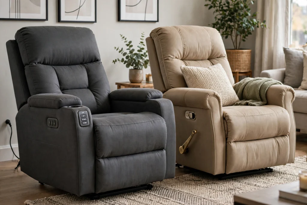 Power recliner with buttons beside a manual recliner with a side lever
