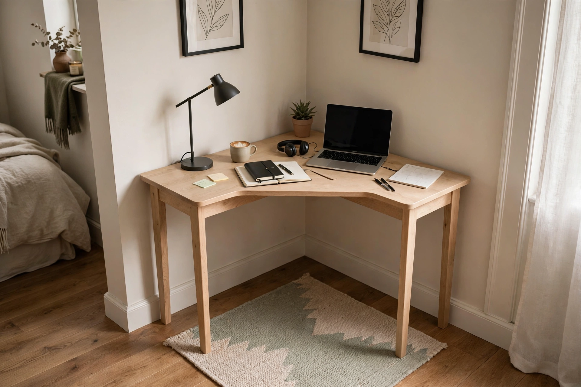 Corner bedroom desk fitting neatly into an unused corner with a small area rug beneath