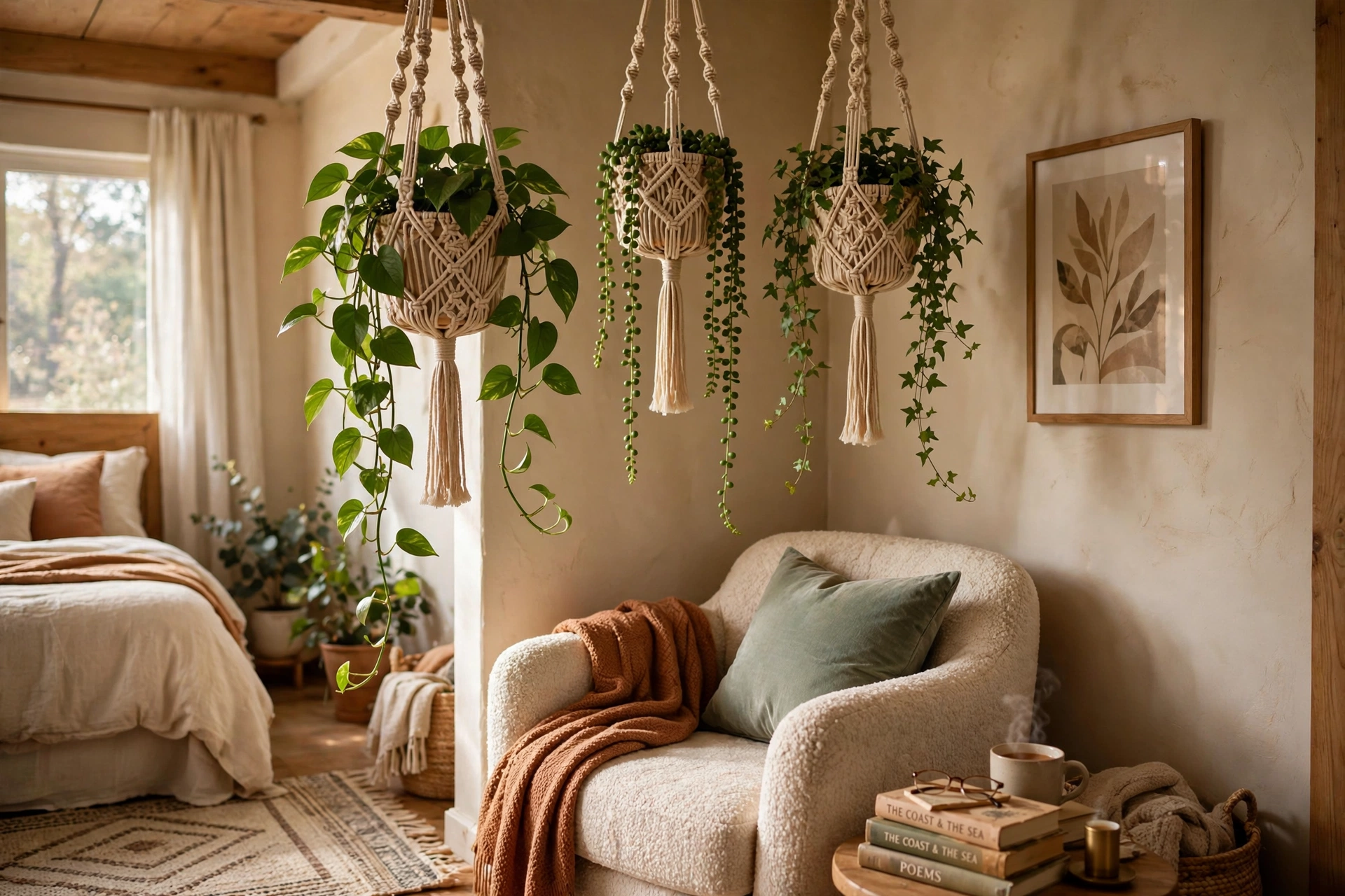 Hanging macrame planters with trailing greenery above a cozy bedroom reading nook
