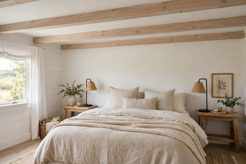 Farmhouse bedroom with lightweight faux wood ceiling beams above the bed