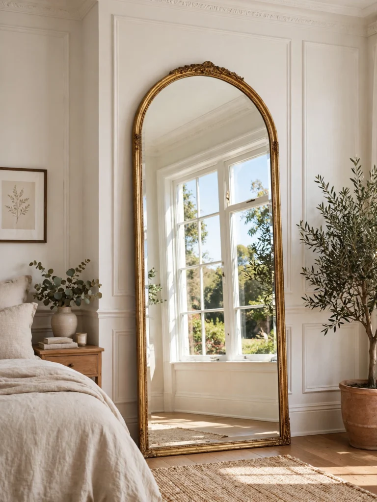 Tall arched floor mirror on a bedroom wall reflecting a bright window, adding height and architectural interest