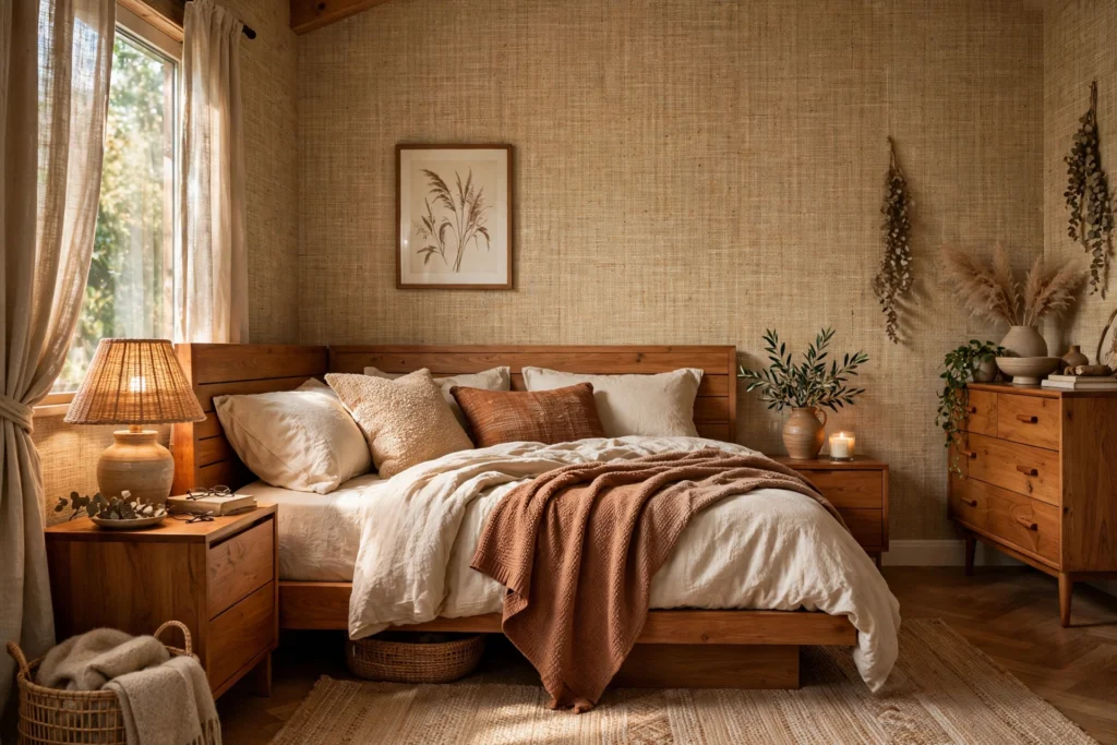 Cozy bedroom with woven grasscloth textured wallpaper and warm wood furniture