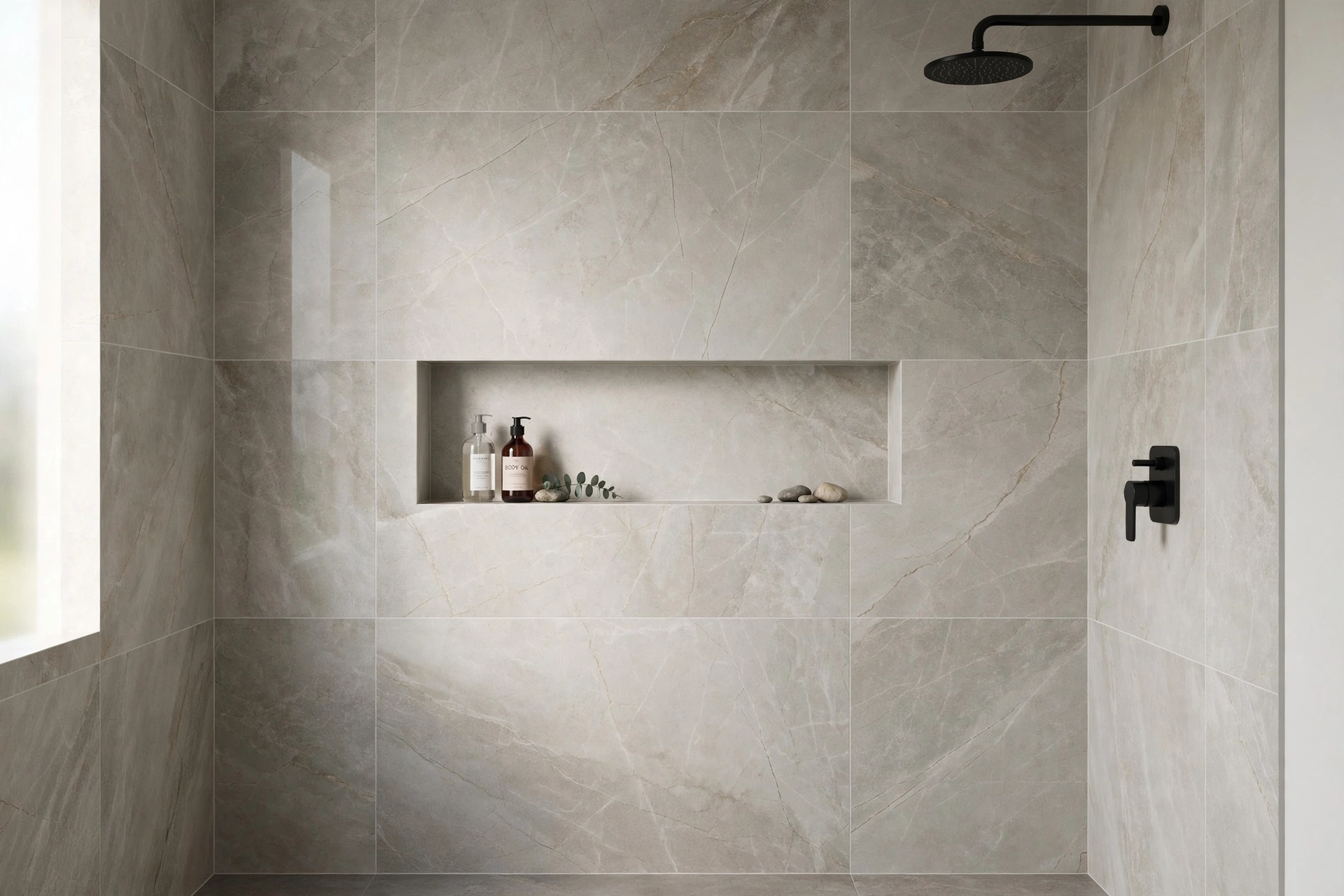 Seamless shower niche tiled in the same large format tile as the walls