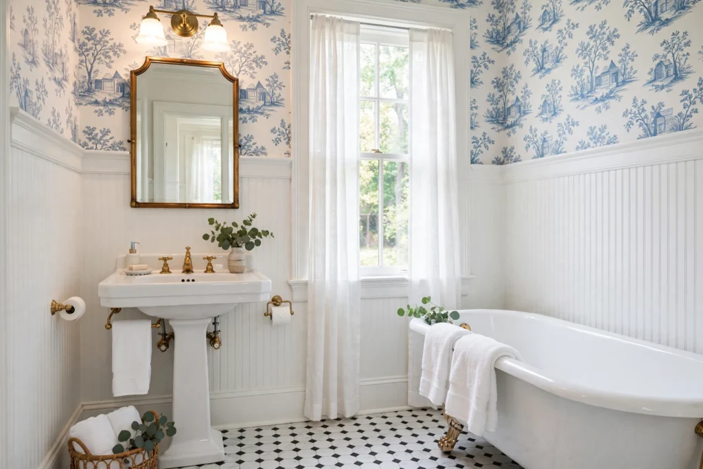 Crisp white beadboard wainscoting brightening a classic bathroom