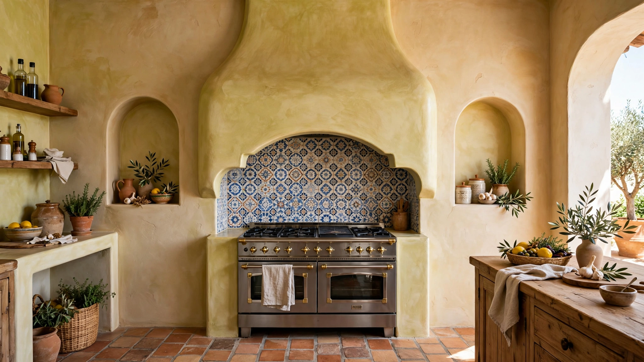 Curved plaster range hood with arched niches in a Mediterranean kitchen