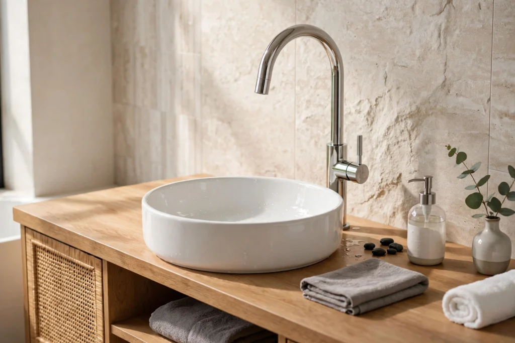 Tall faucet with proper clearance over a round vessel sink