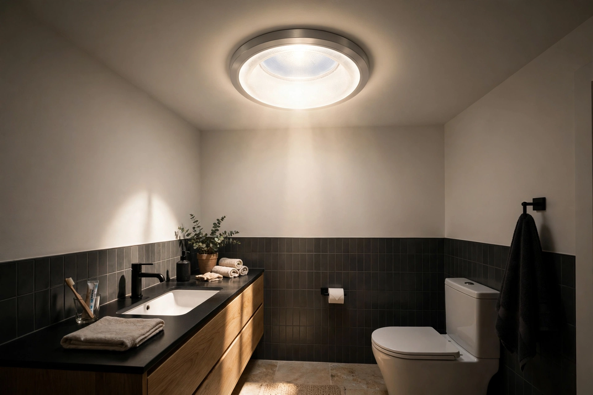 Sun tunnel diffuser glowing on a windowless bathroom ceiling