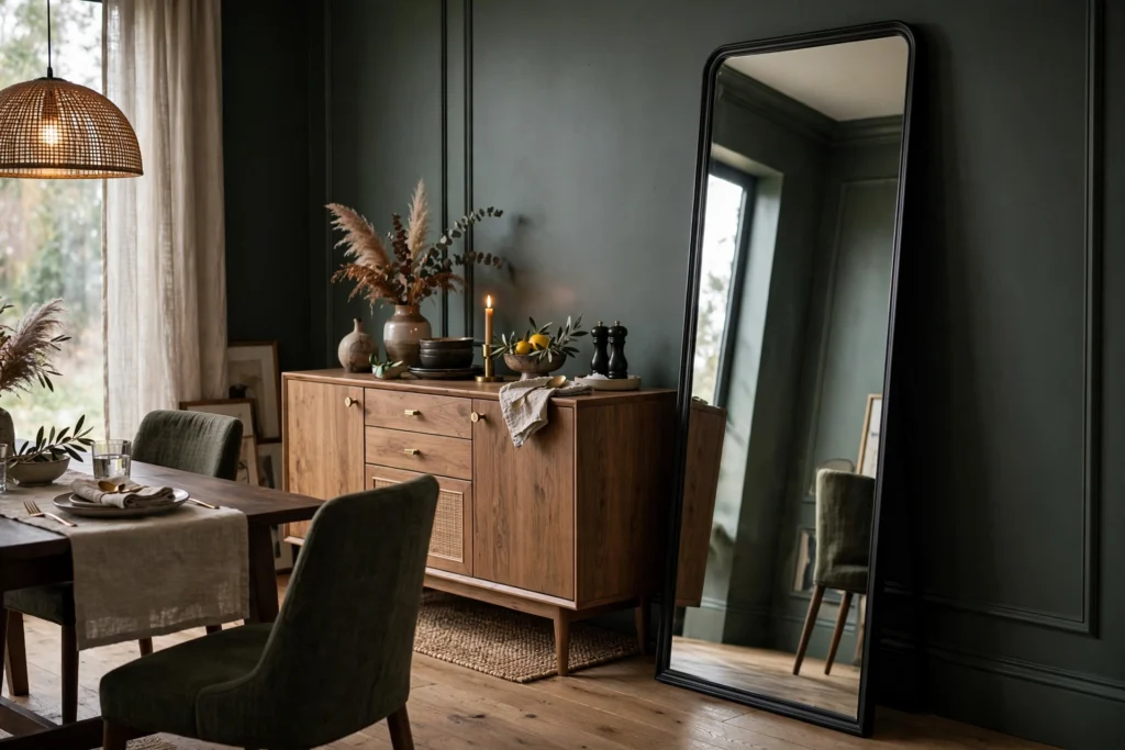 Tall leaning floor mirror adding drama beside a dining sideboard