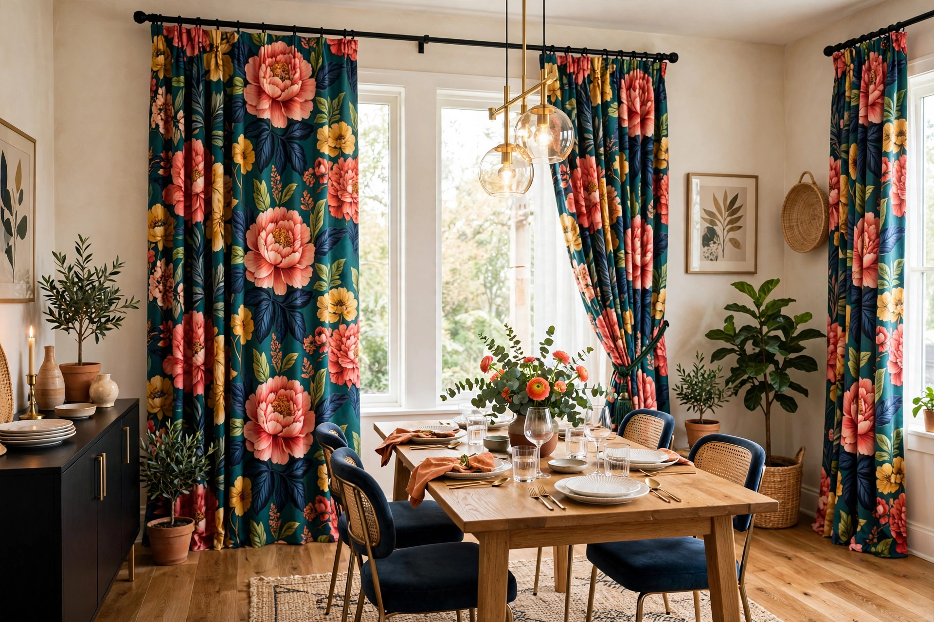 Bold floral patterned curtains making a statement in a dining room