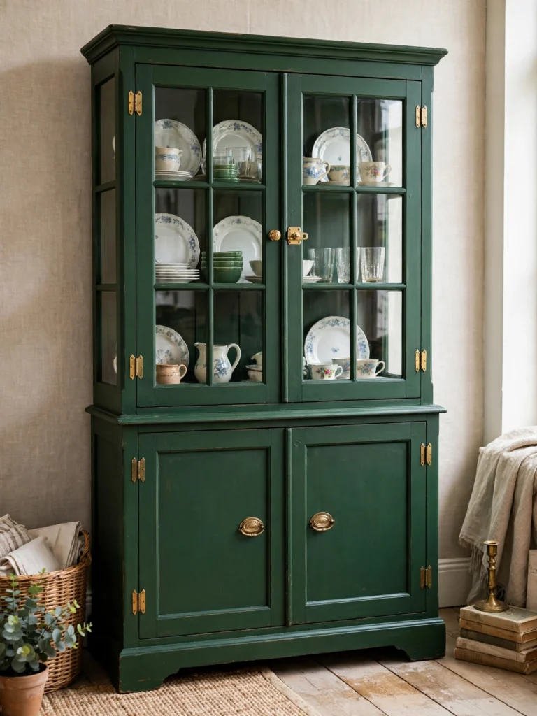 Thrifted china cabinet painted deep green with brass hardware