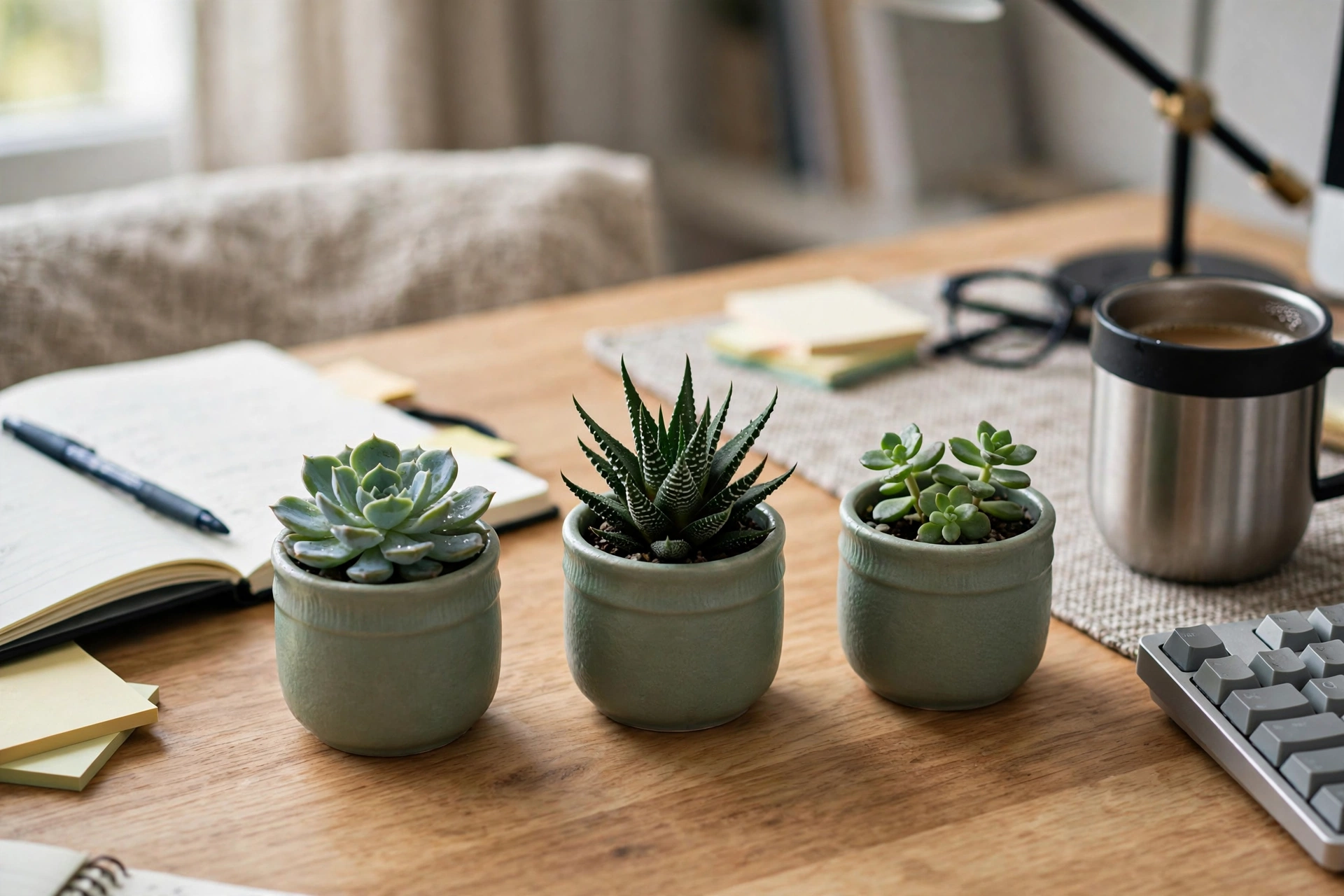 Trio of small succulents in matching pots on a home office desk