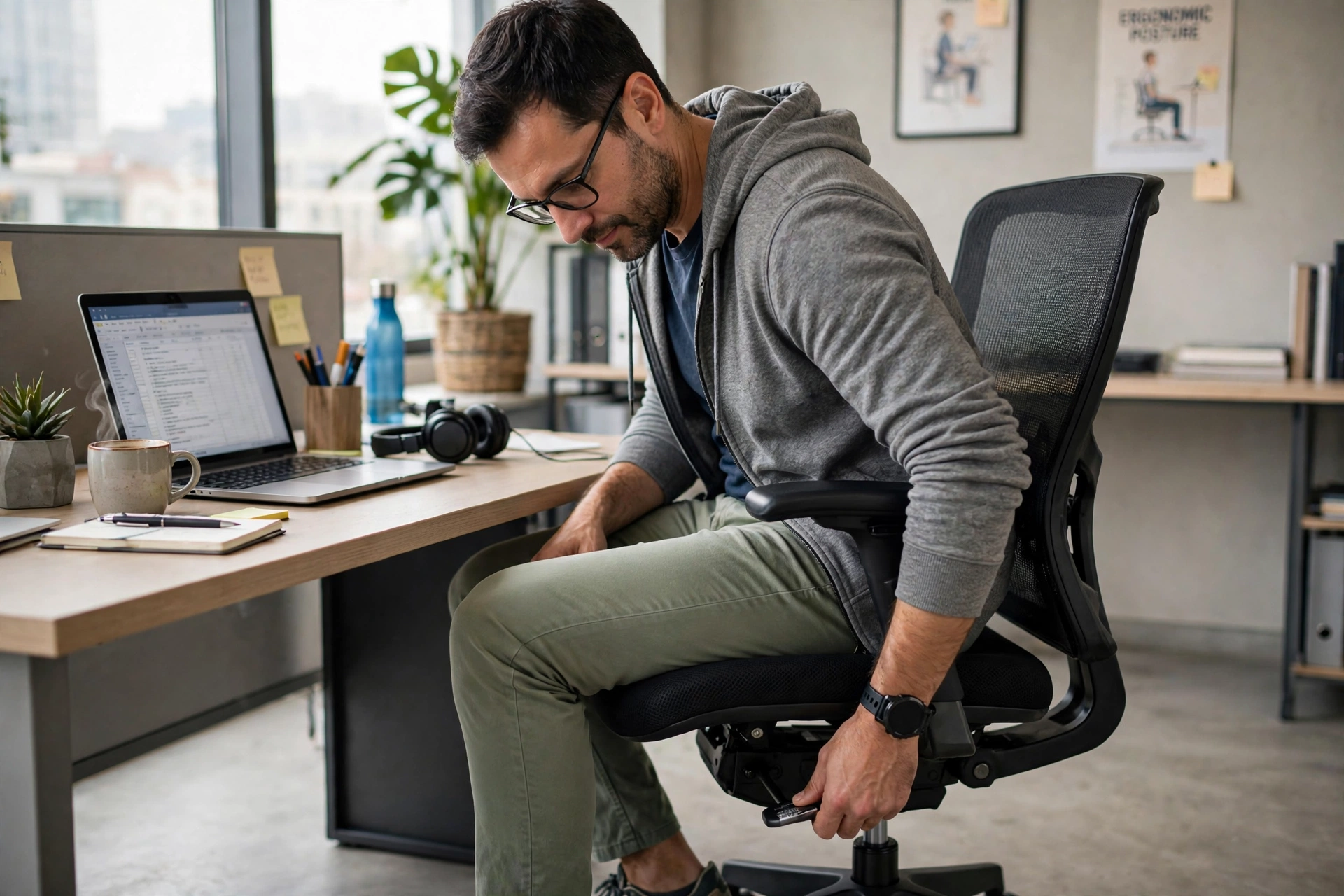 Person adjusting desk chair seat height for proper ergonomic posture