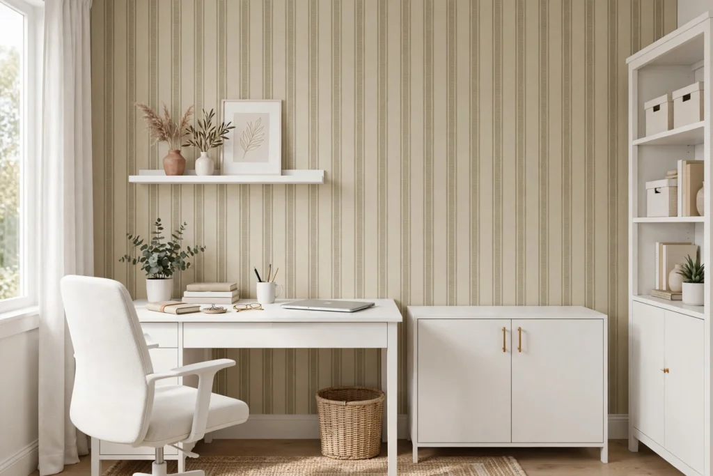 Tone-on-tone striped wallpaper in a tidy home office with white furniture