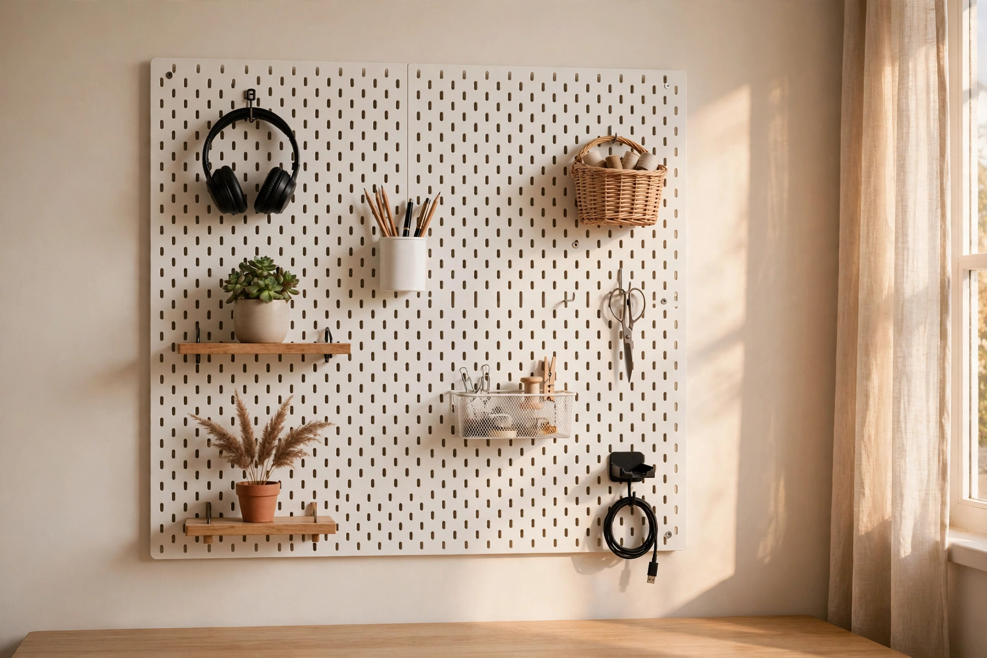 Frameless white pegboard mounted flush on a home office wall with neatly arranged accessories