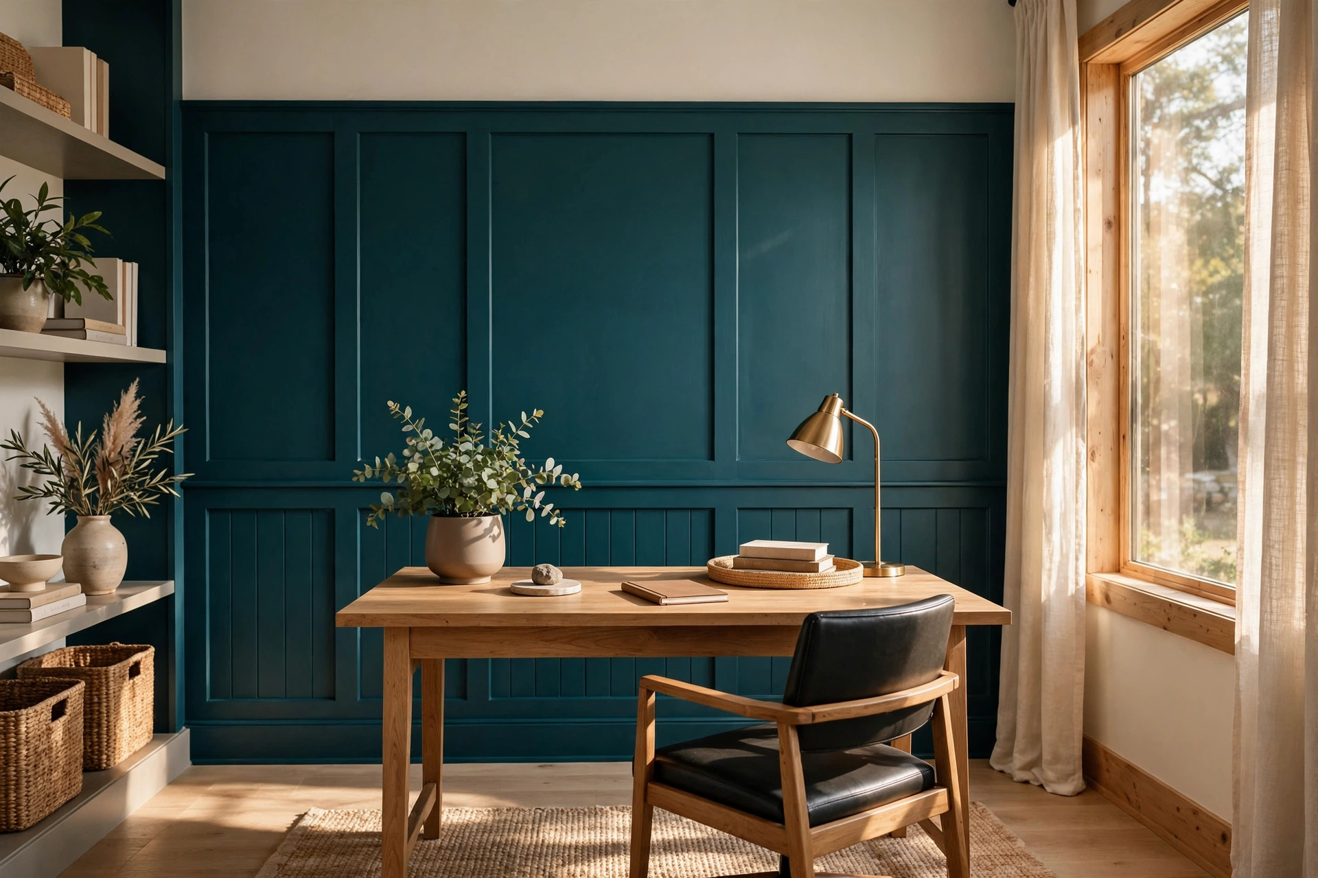 Home office with deep teal board-and-batten wainscoting behind a desk