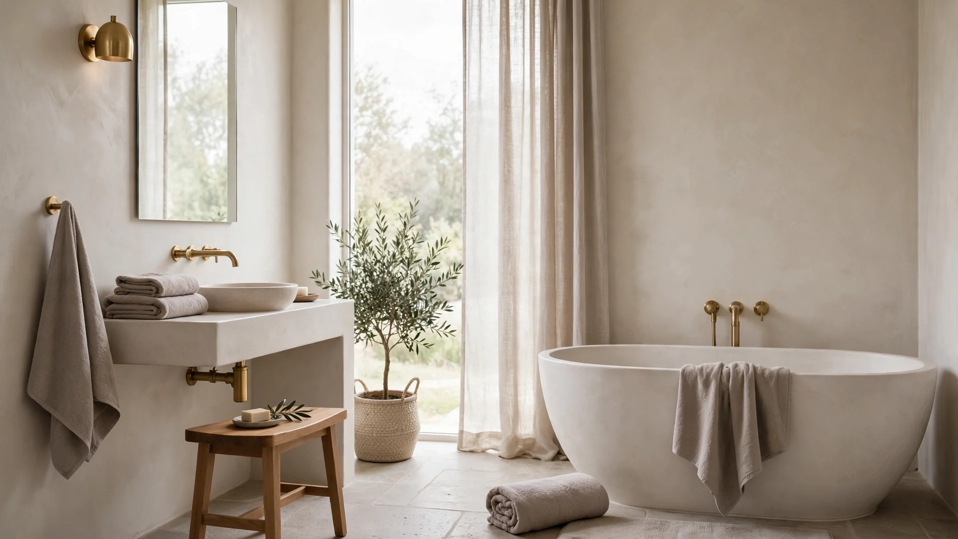 Warm neutral spa bathroom in oatmeal, sand, and soft beige tones