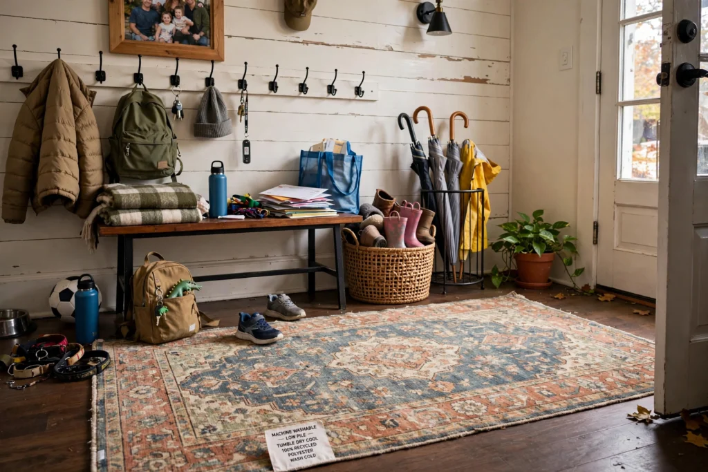 Machine washable vintage style rug in a busy family entryway