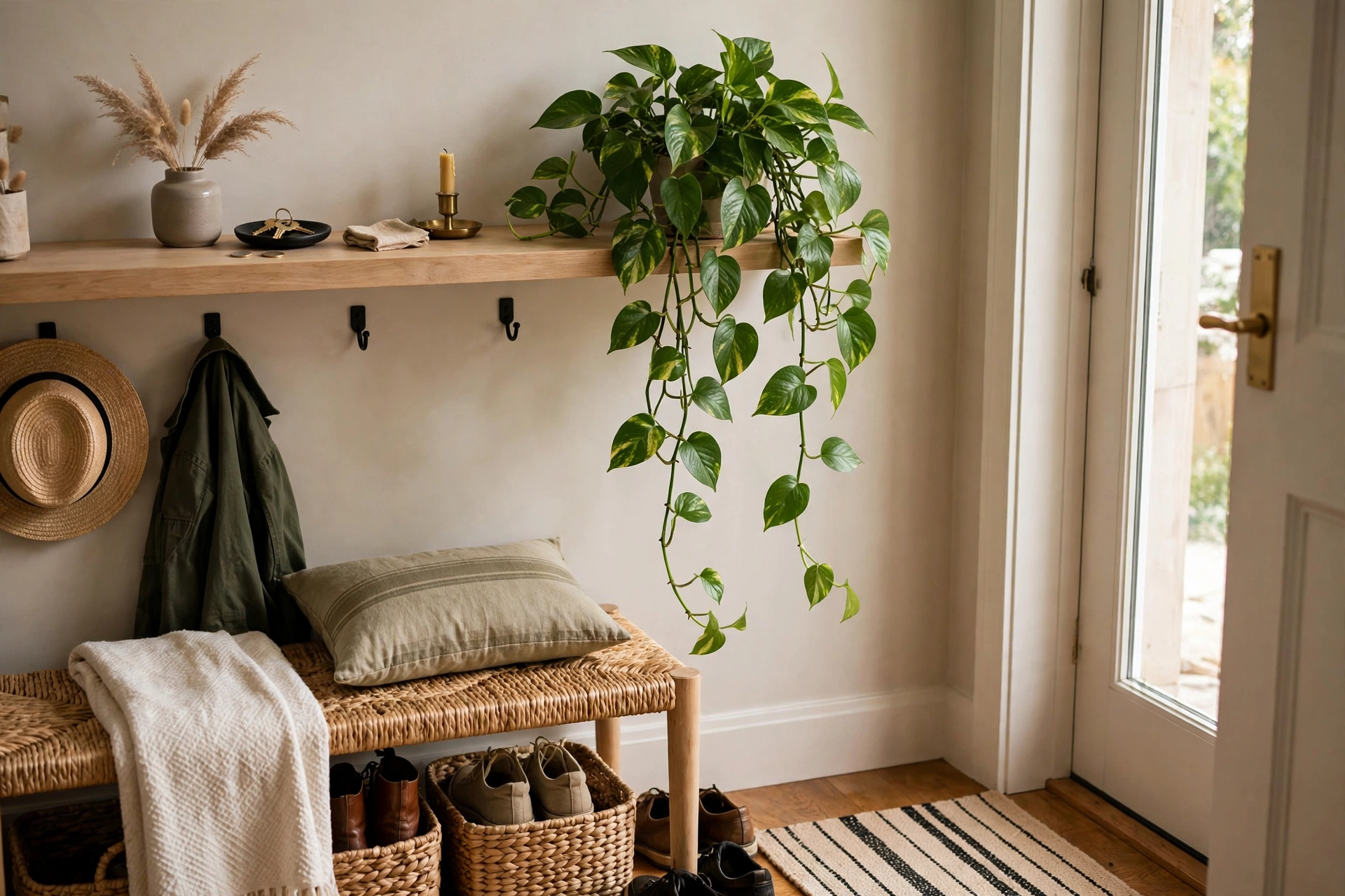 Pothos plant trailing over the edge of a floating shelf in a styled home entryway