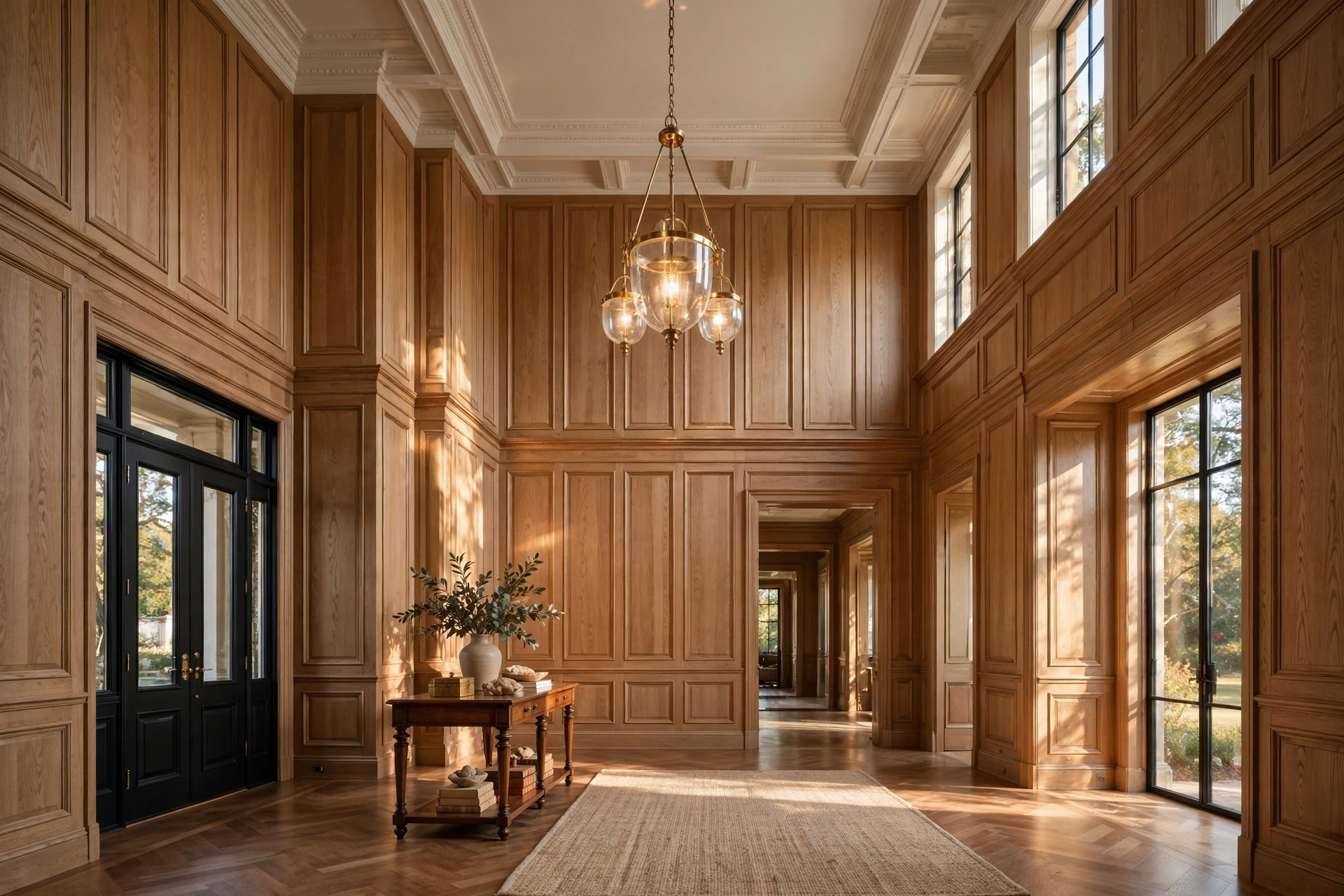Full height wall paneling in a grand foyer with tall ceilings and pendant light