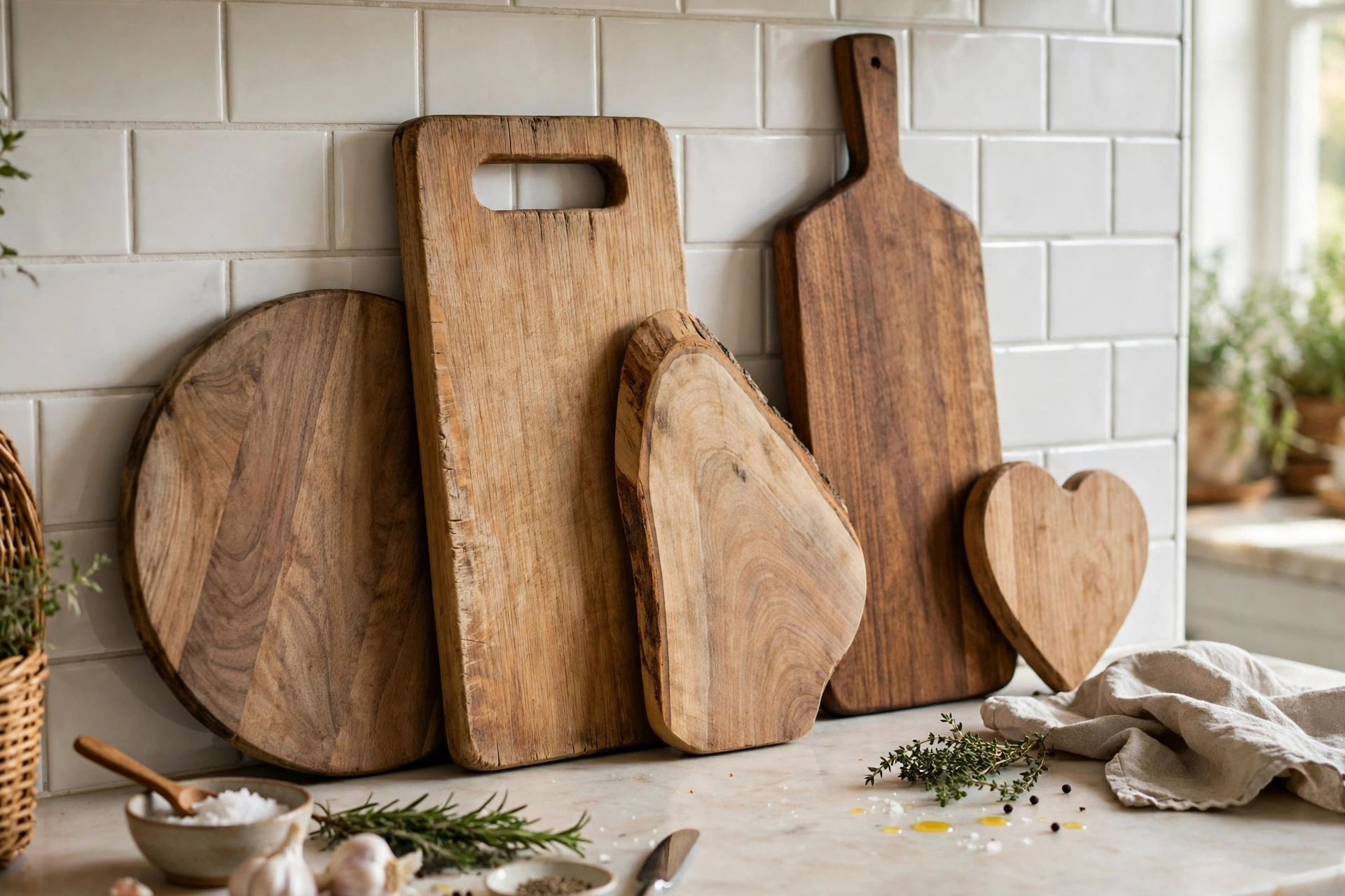 Wooden cutting boards of different shapes leaning on a kitchen backsplash
