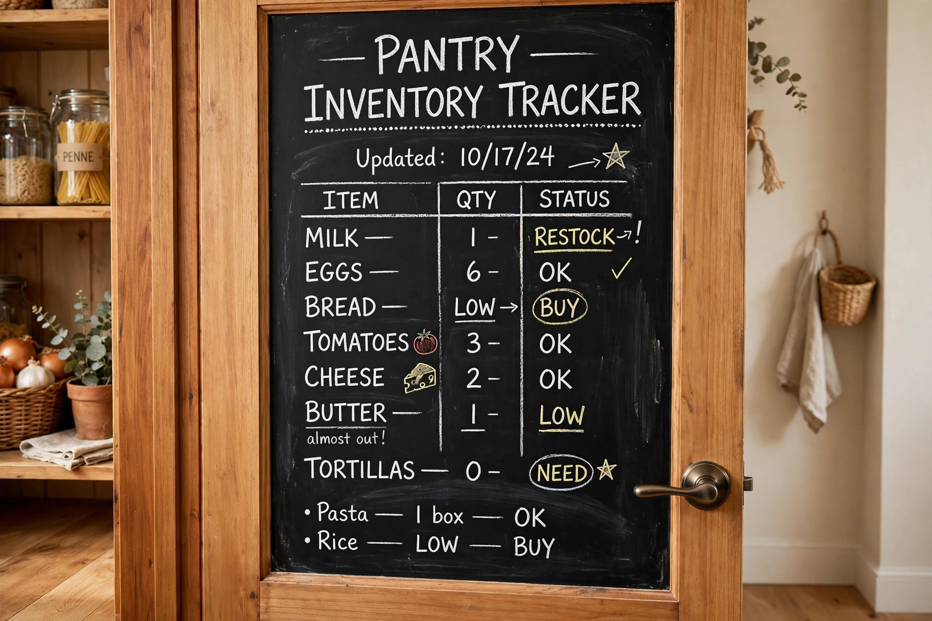 Pantry door painted with chalkboard paint used as an inventory tracker
