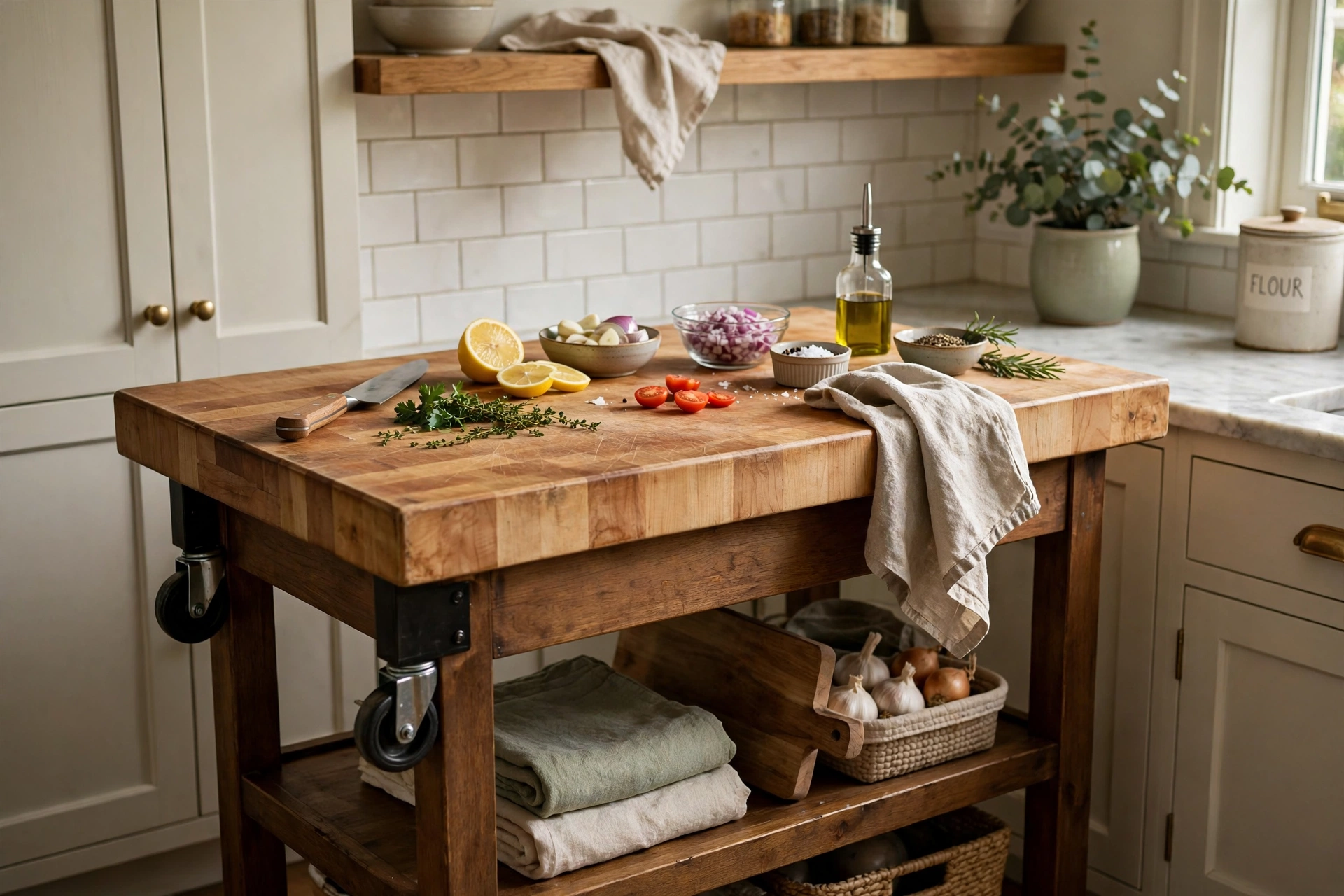 Kitchen cart with butcher block top used as extra prep space