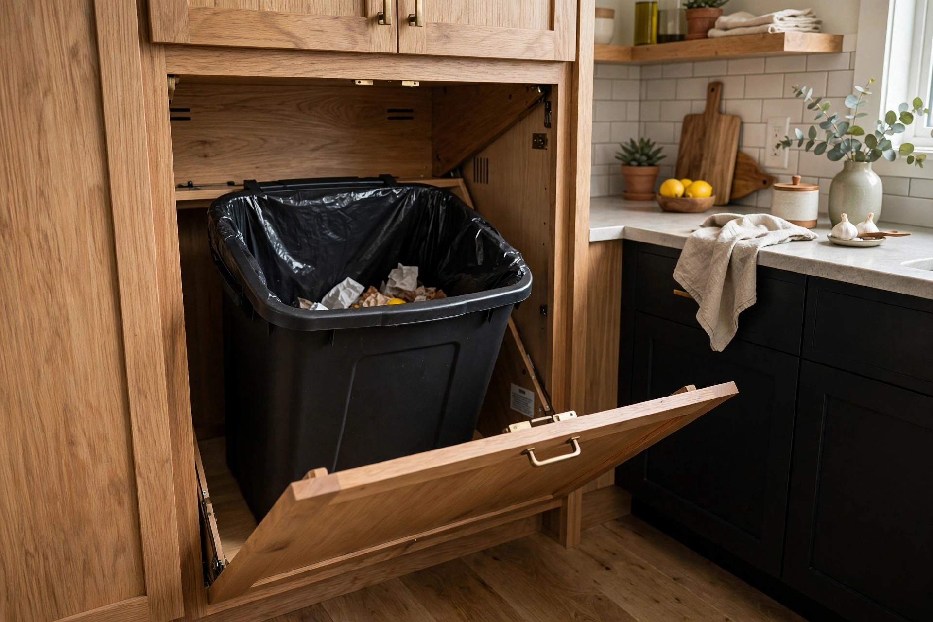 Wooden tilt out hamper cabinet repurposed to hide a kitchen trash bin