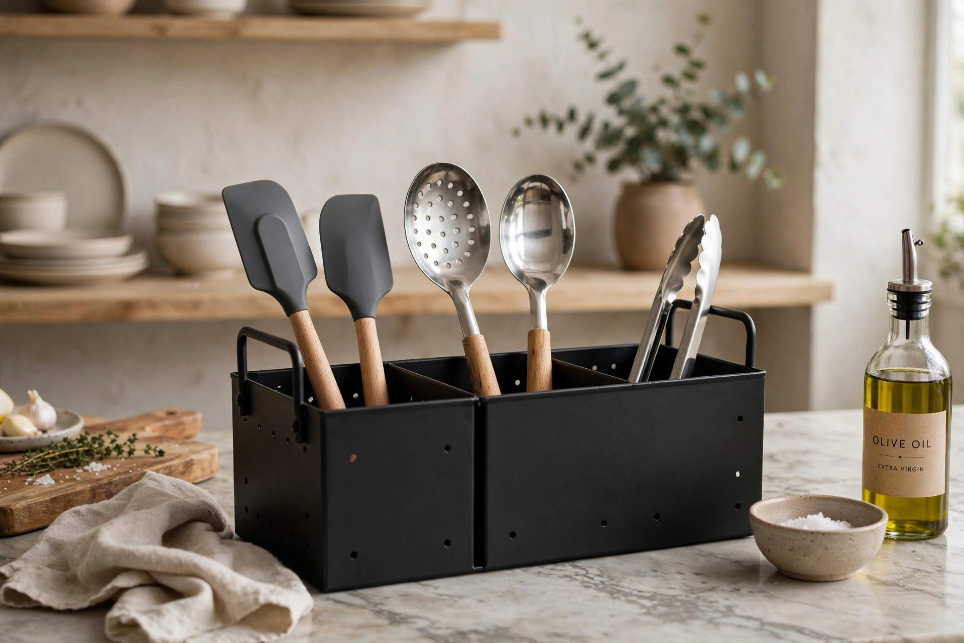 Matte black divided metal caddy organizing spatulas and serving tools