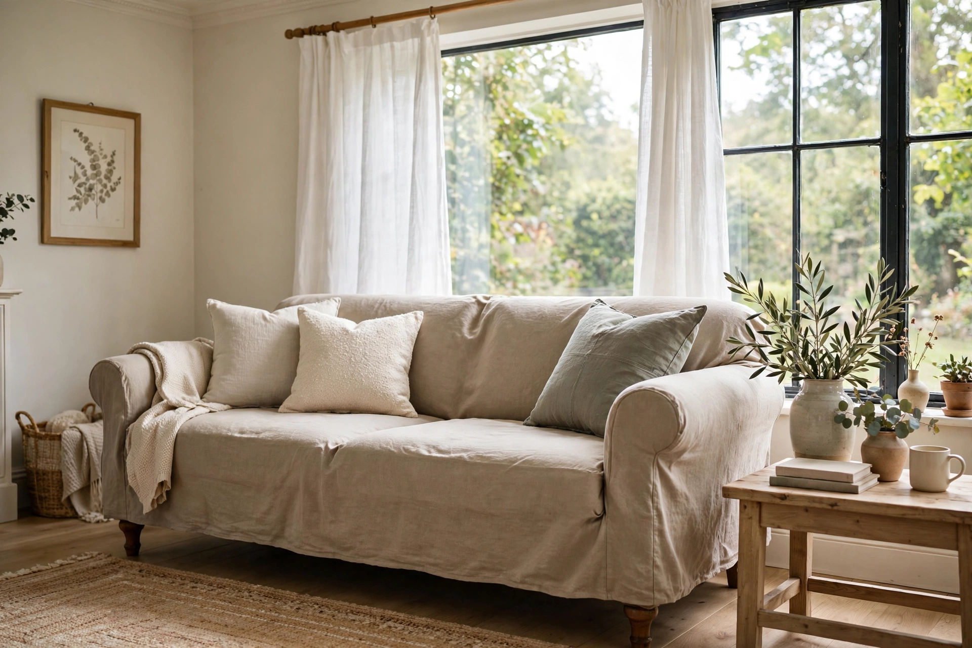 Refreshed vintage sofa with a new neutral slipcover beside a window