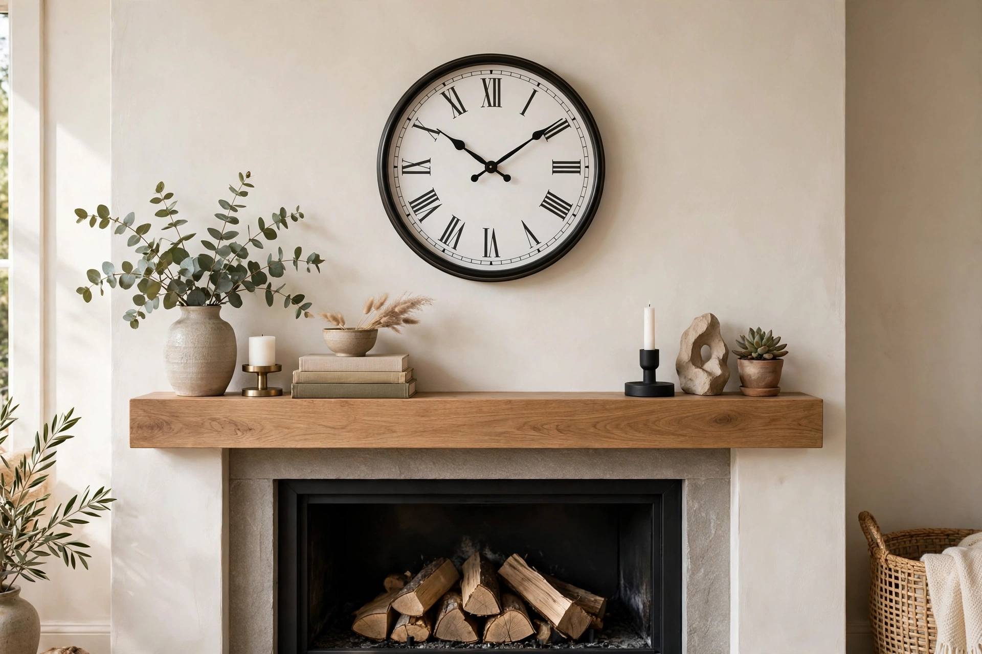 Round wall clock centered above a styled fireplace mantel