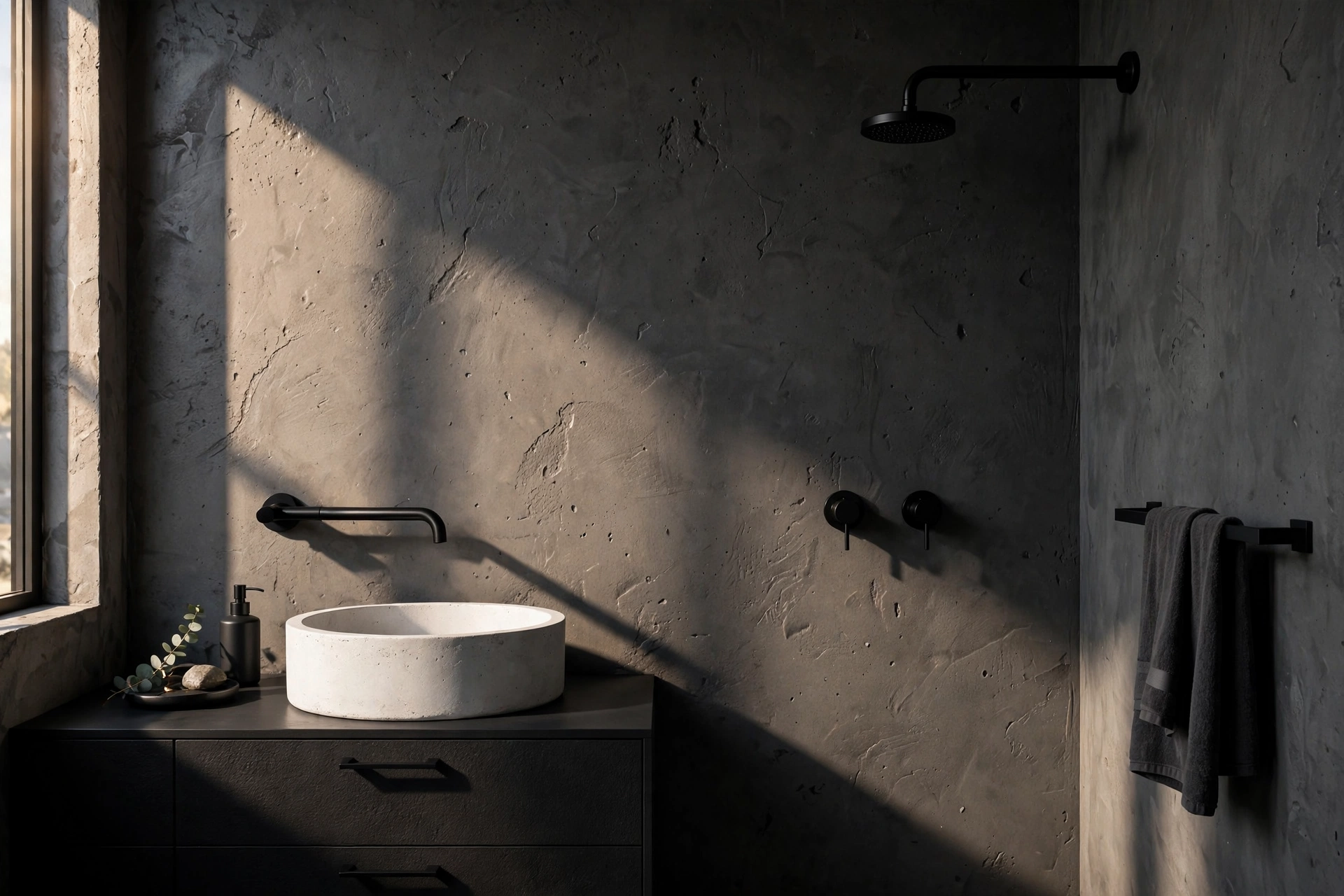 Matte black faucet and shower fixtures against a concrete vessel sink and microcement wall