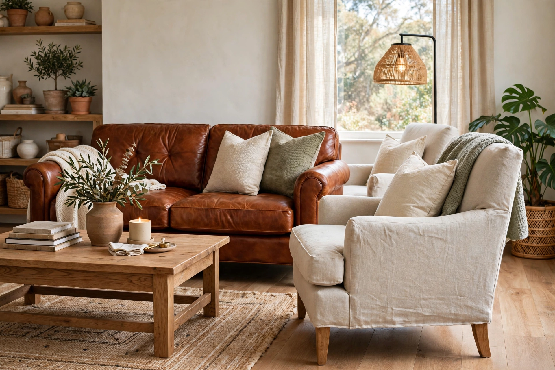 Cognac leather sofa paired with linen fabric armchairs in a living room