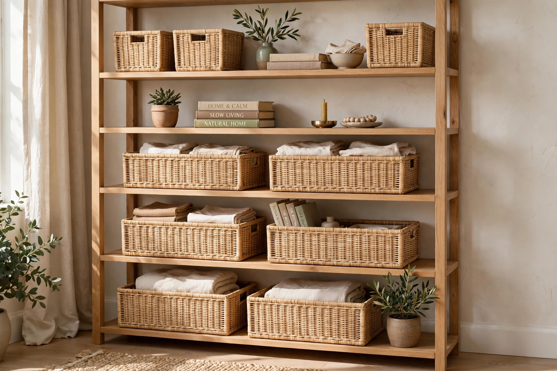 Open bookshelf organized with matching woven storage baskets