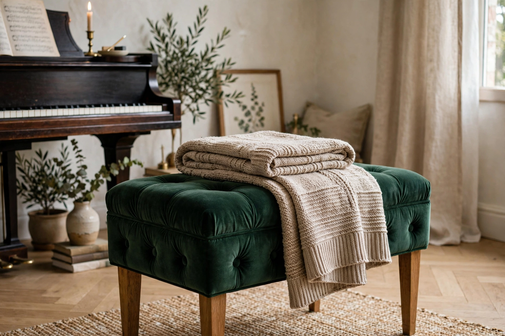 Upholstered velvet piano bench styled with a folded throw