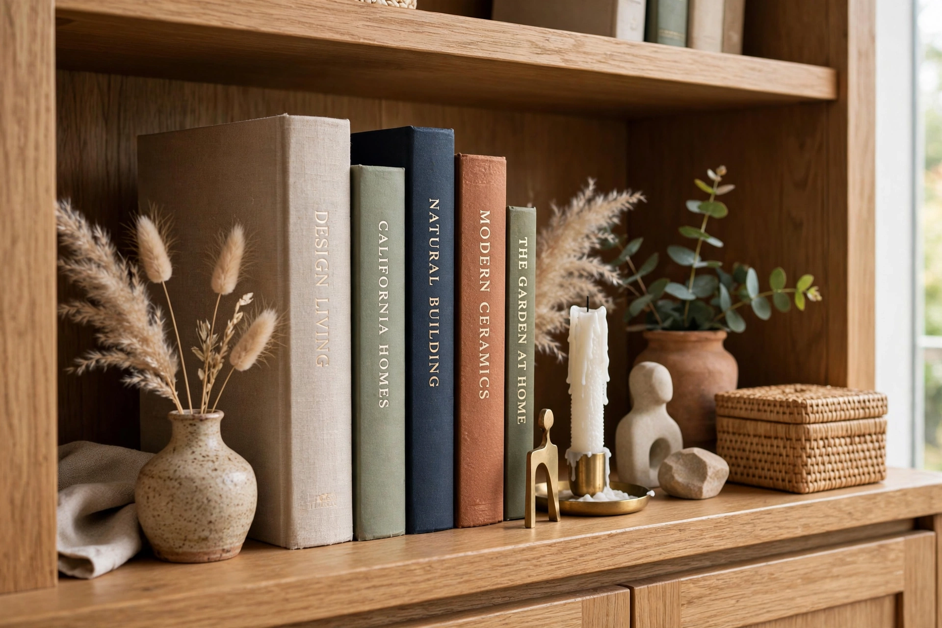 Styled bookcase shelf mixing vertical books and decorative objects