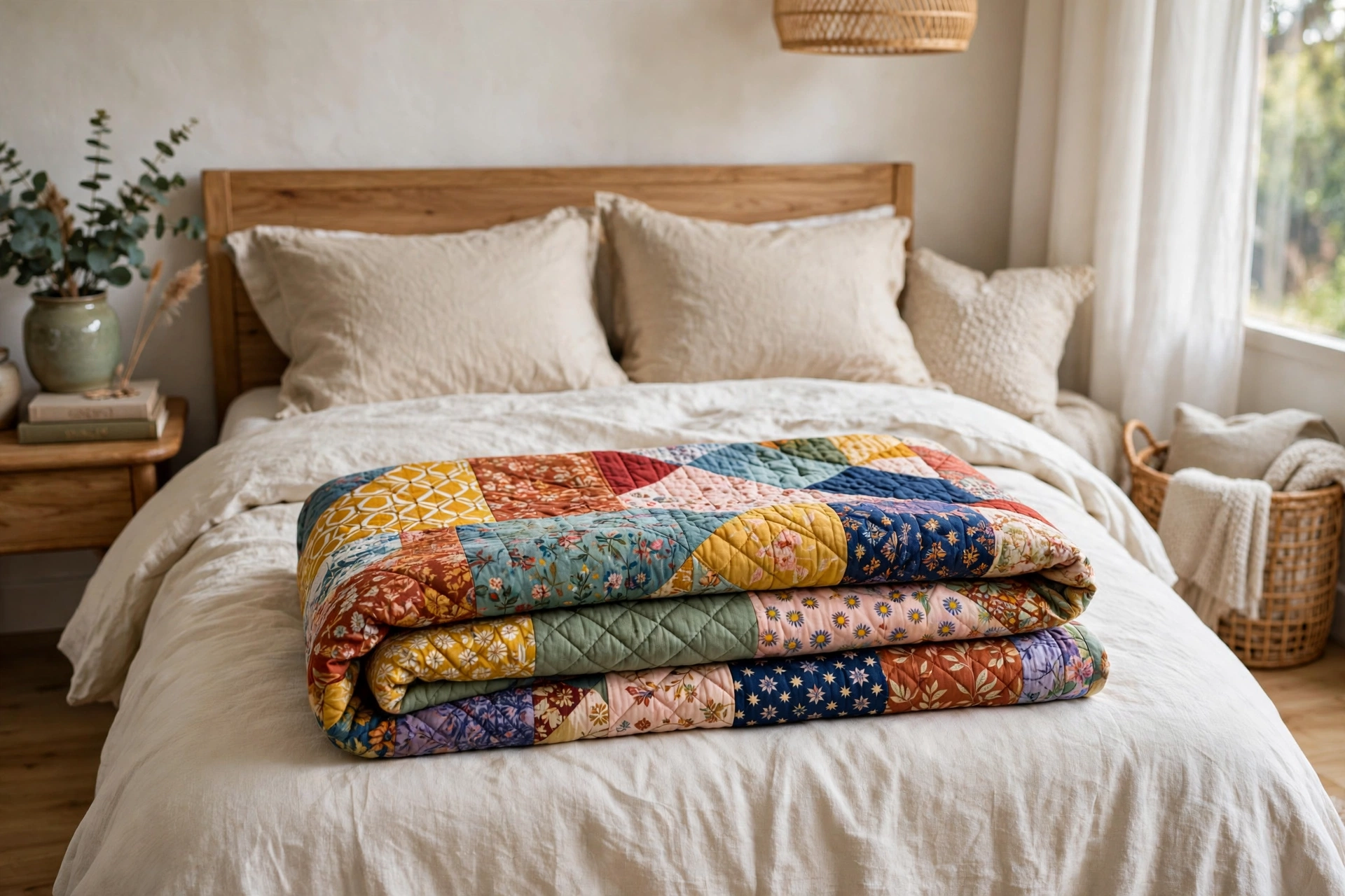 Colorful quilted throw blanket folded in thirds at the foot of a bed