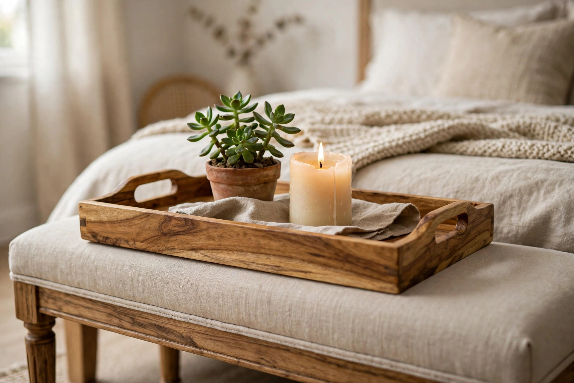 Acacia wooden tray with plant and candle on a bedroom bench