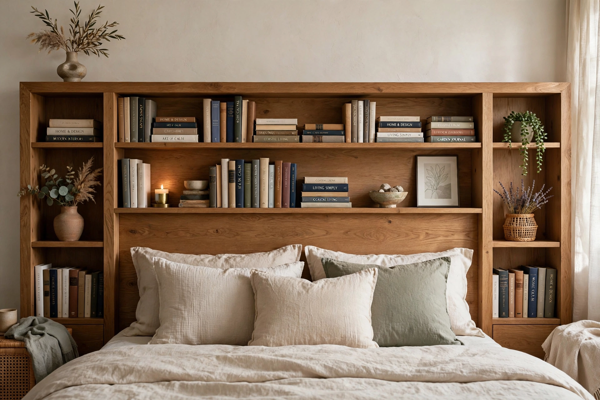 Bedroom headboard with built-in shelves holding books and decor