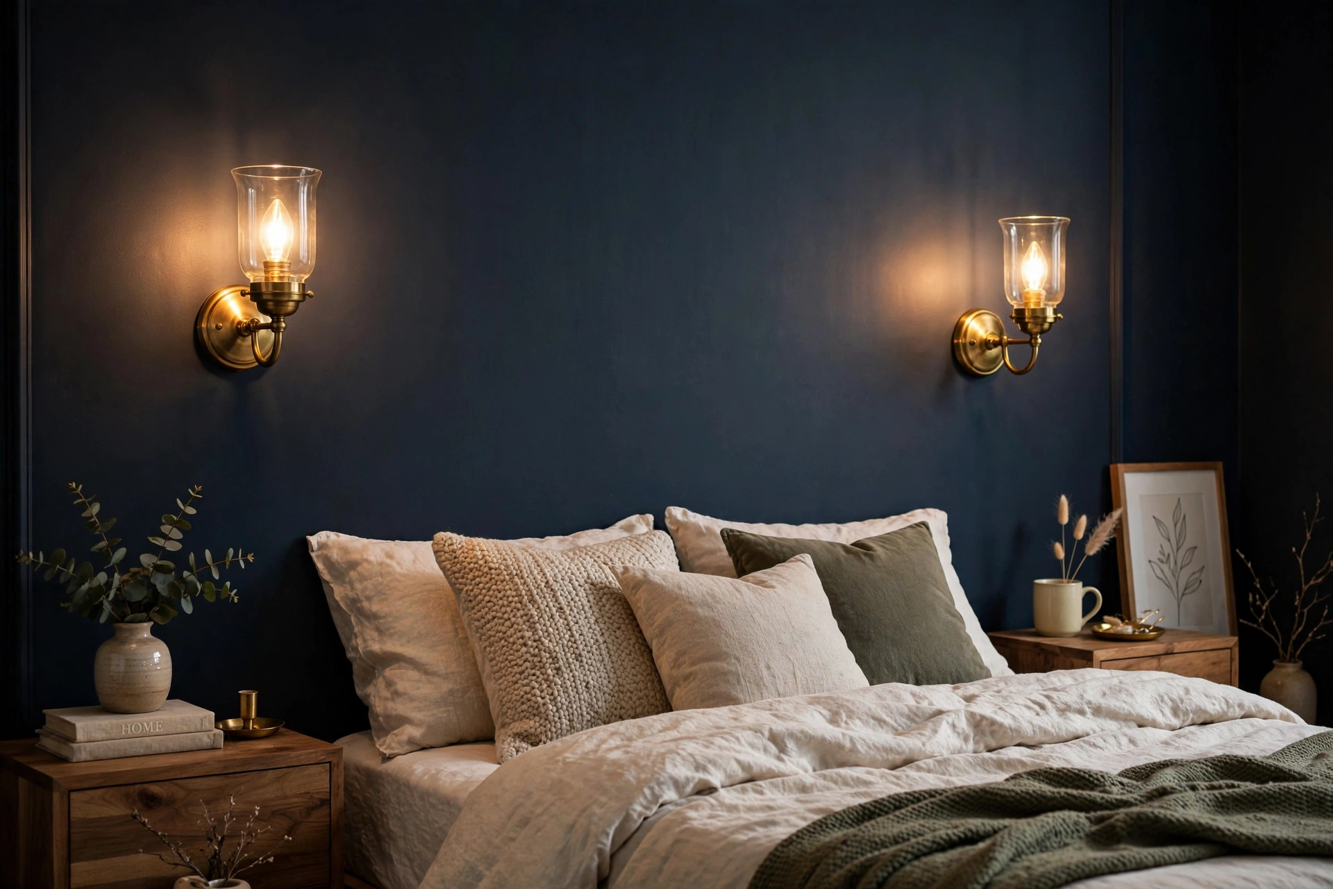Brass wall sconces glowing against a dark navy bedroom wall