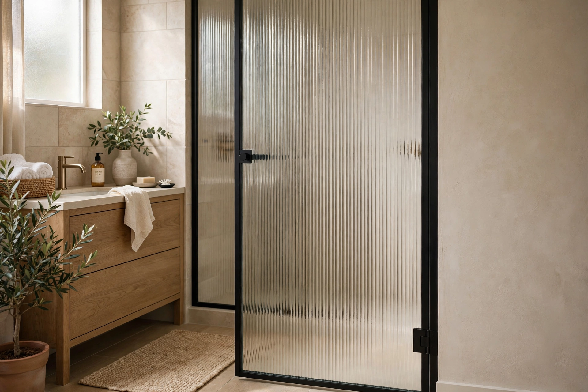 Reeded fluted glass shower door with vertical texture and soft light