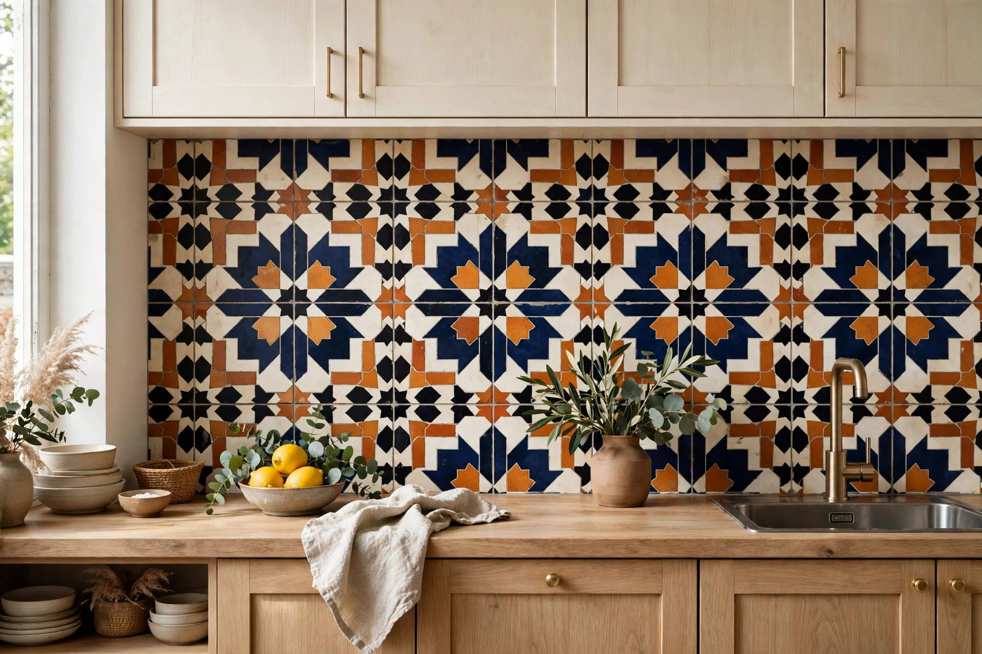 Bold patterned cement tile backsplash with Moroccan star motifs