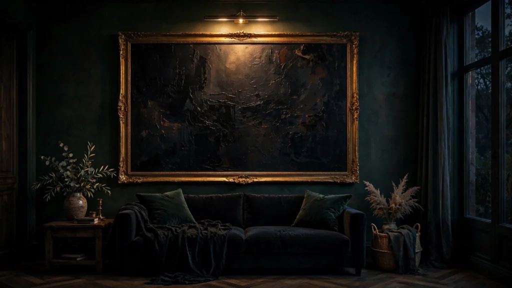 Oversized dark abstract painting in a gold frame with a brass picture light above a sofa