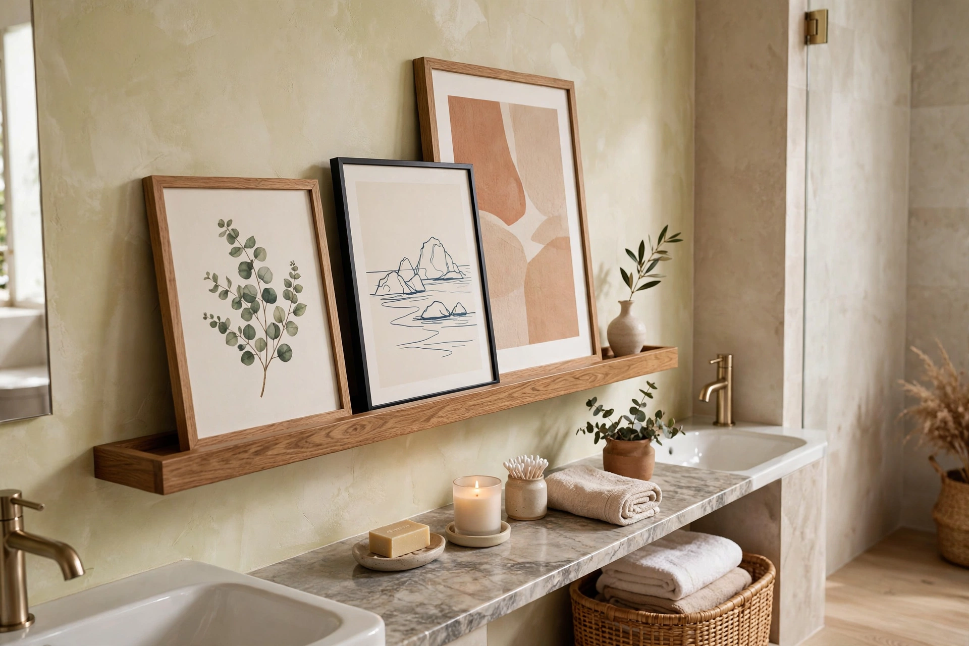 Floating shelf styled as an art ledge with leaning prints in a bathroom