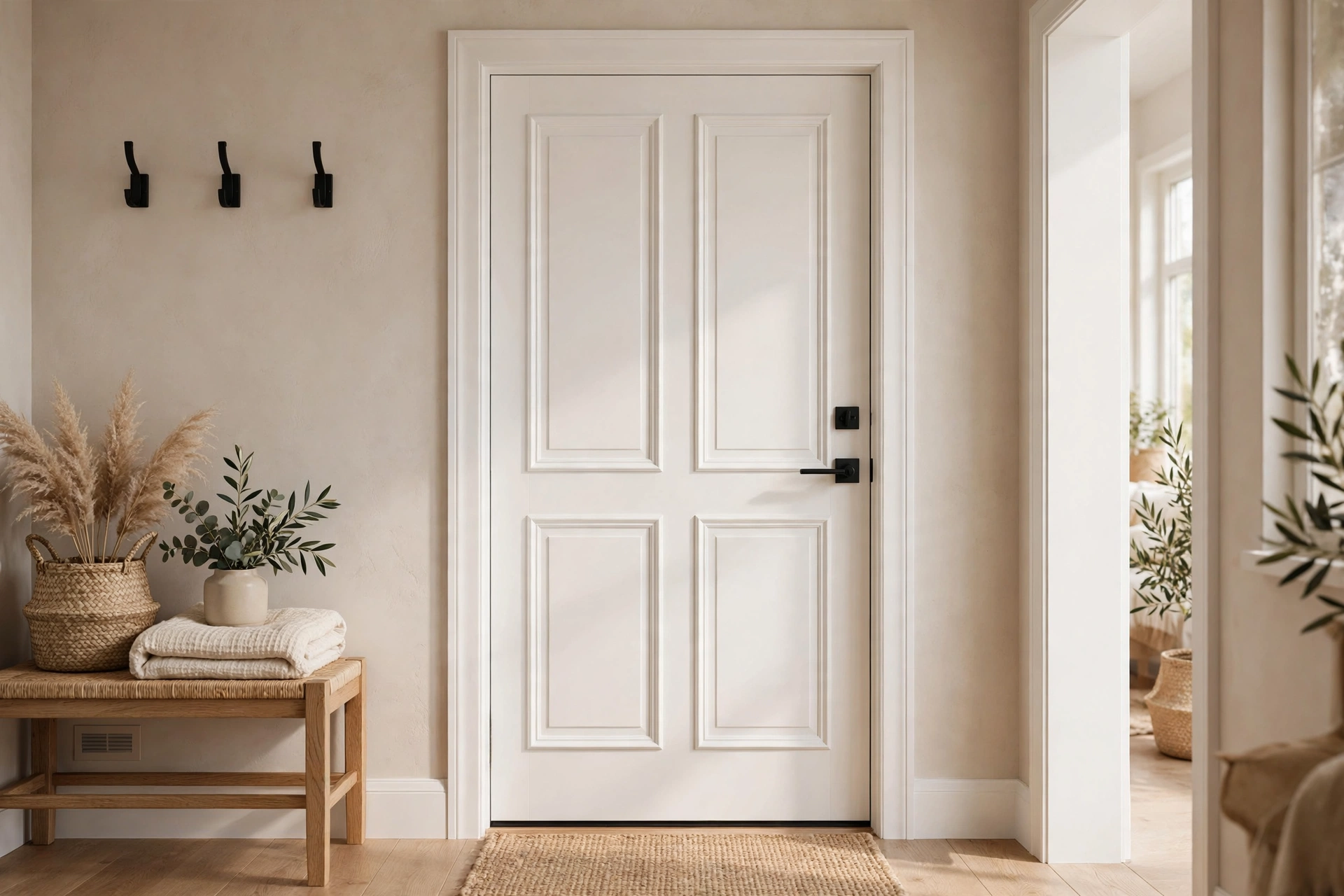 Flat door upgraded with applied molding panels painted crisp white