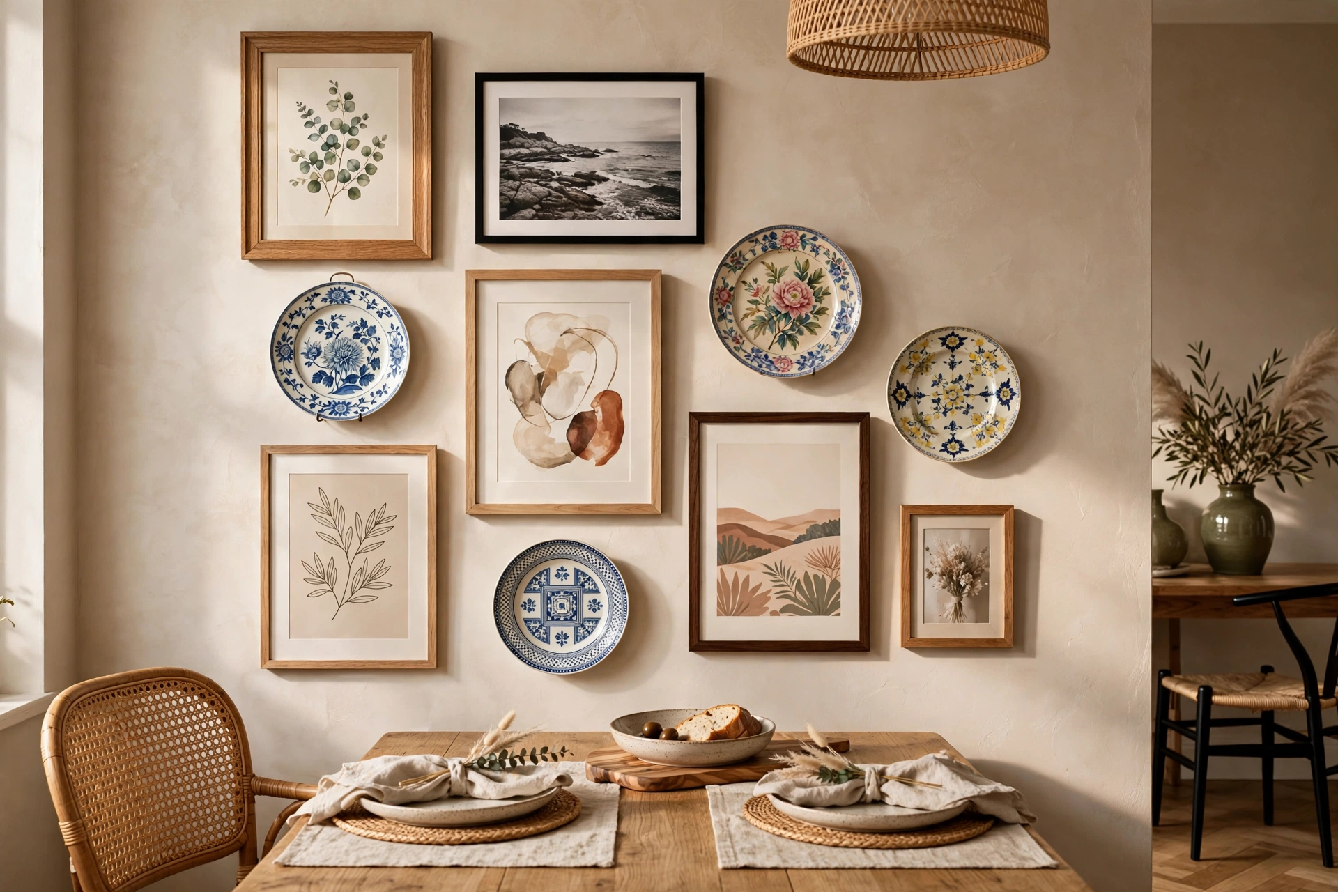 Gallery wall of art and decorative plates on a dining room wall