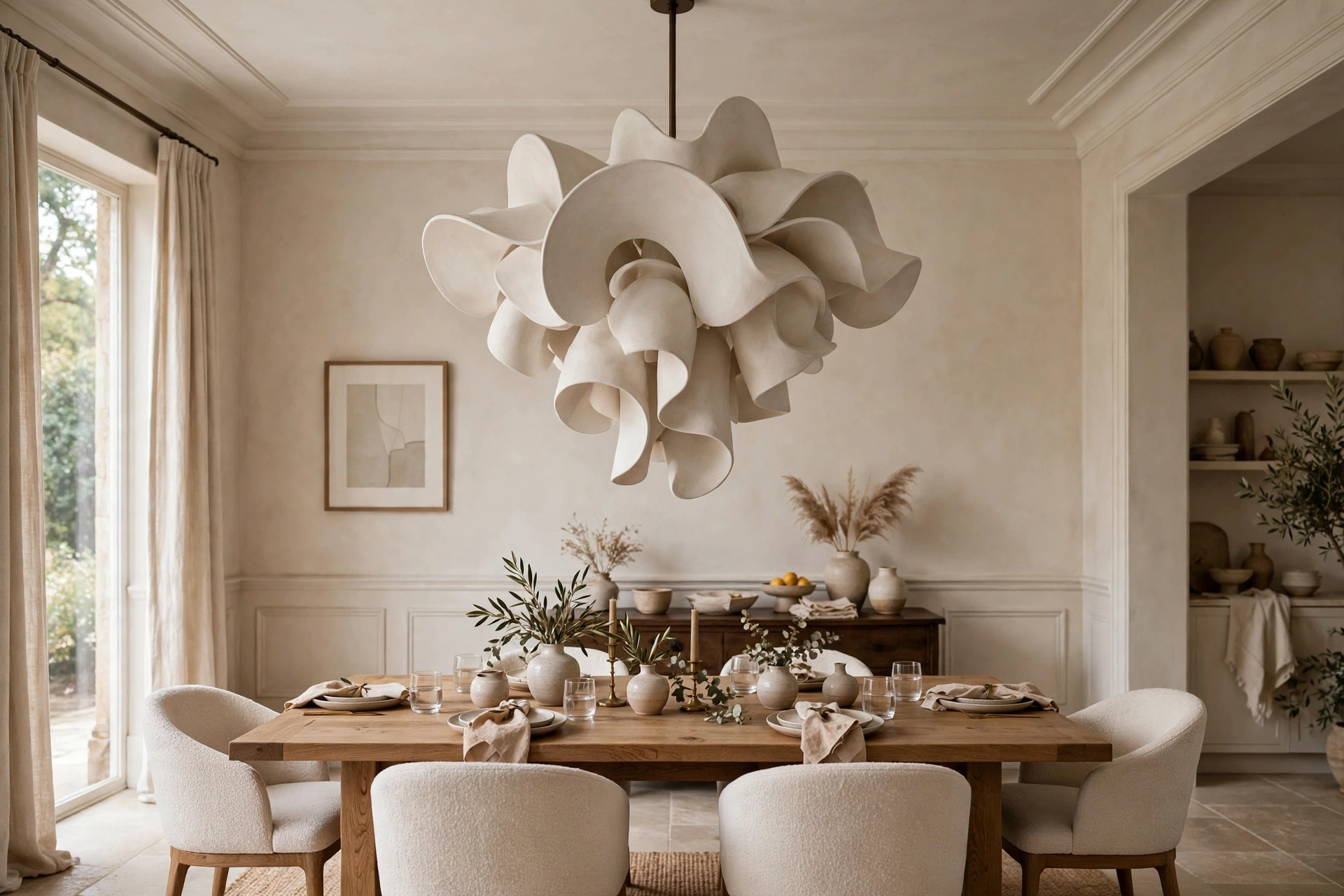 Oversized sculptural chandelier centered over a wooden dining table