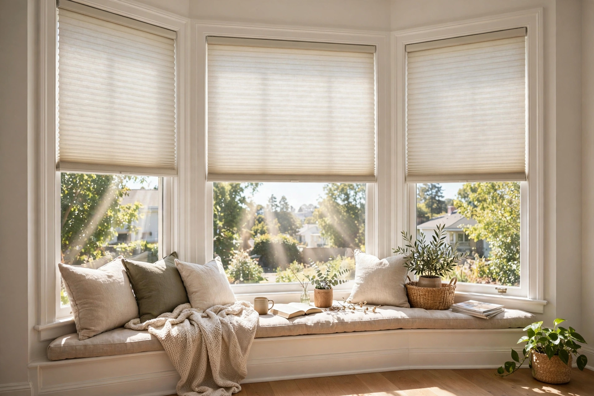 Cellular shades on a bay window lowered from the top for daylight