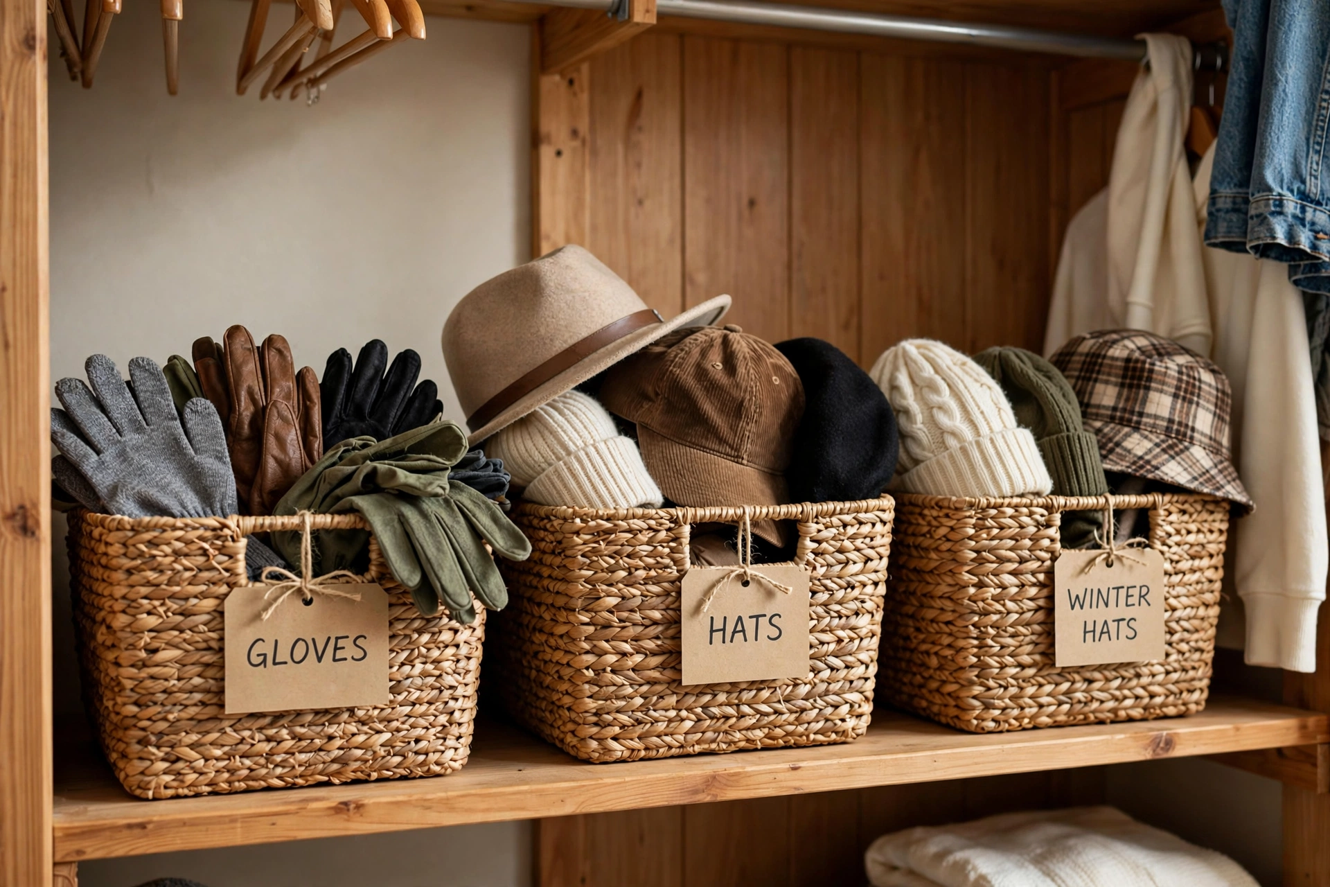Labeled woven baskets holding gloves and hats on a closet shelf