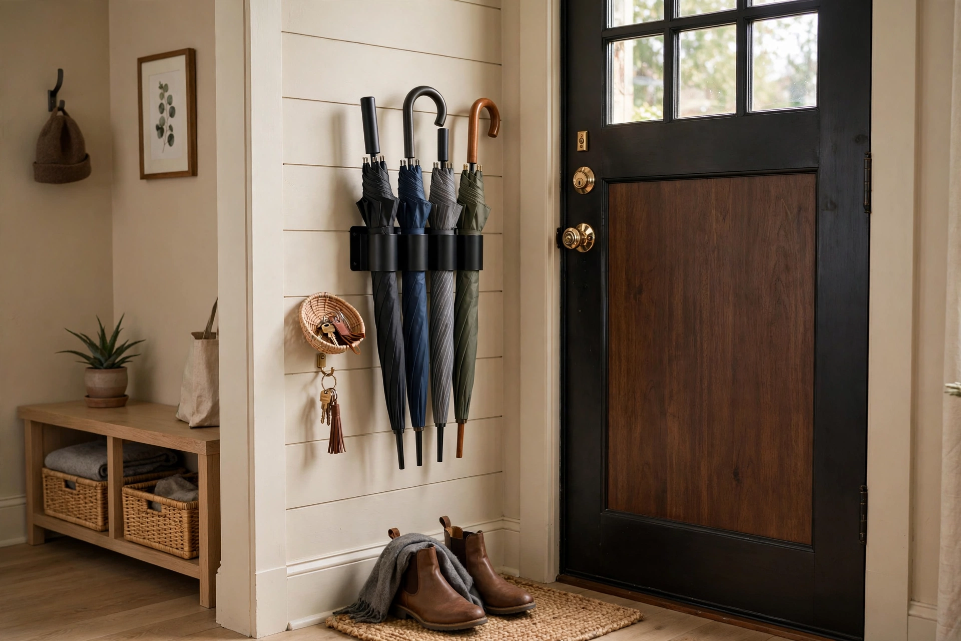 Wall mounted umbrella holder beside a front door in a small entryway